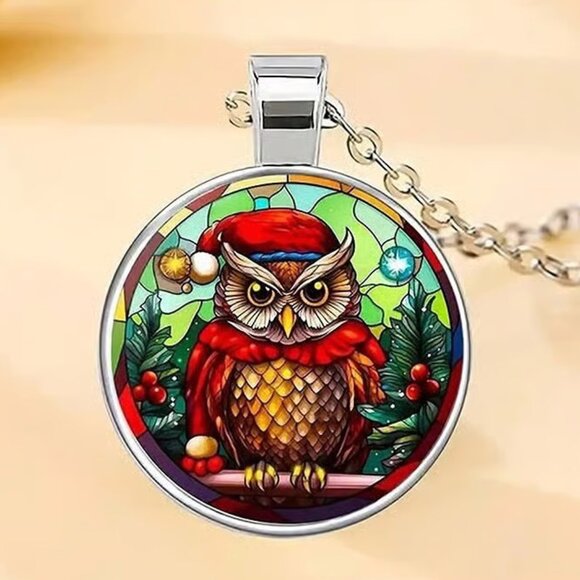 Silver CHRISTMAS OWL Glass Cabochon Pendant Necklace - Picture 1 of 3